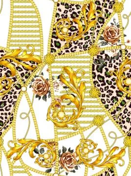 Trendy seamless pattern with gold chains, leopard and baroque, patch for print, Stock Illustration