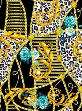 Trendy seamless pattern with gold chains, leopard and baroque, patch for print, Stock Illustration