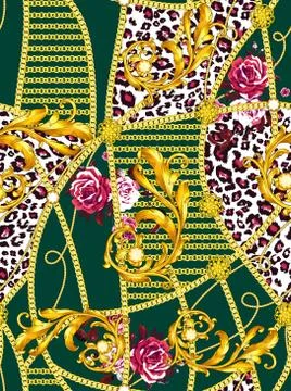 Trendy seamless pattern with gold chains, leopard and baroque, patch for print, Stock Illustration