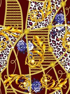 Trendy seamless pattern with gold chains, leopard and baroque, patch for print, Stock Illustration
