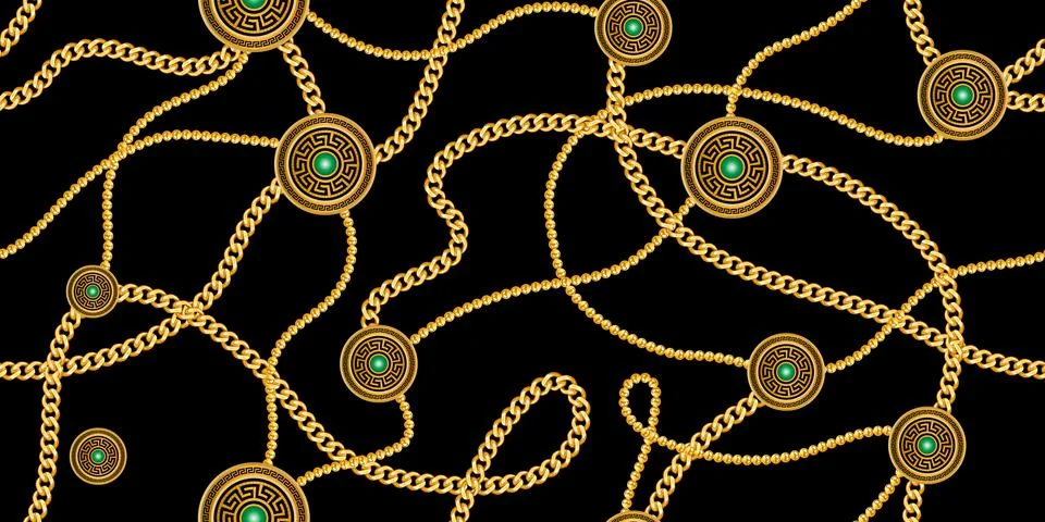 Trendy seamless pattern with gold chains on black background. Stock Illustration