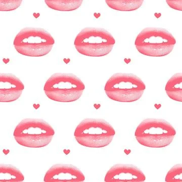 Trendy seamless pattern with halftone collage style lips with dotted texture Stock Illustration