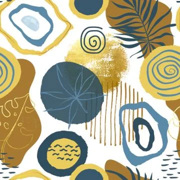 Trendy seamless pattern with hand drawn elements, abstract shapes and Doodle 스톡 일러스트