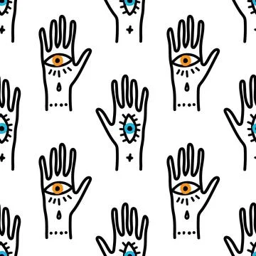 Trendy seamless pattern with hand drawn magic elements as hand with the eye Illustrazione stock