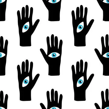 Trendy seamless pattern with hand drawn magic elements as hand with the eye Illustrazione stock
