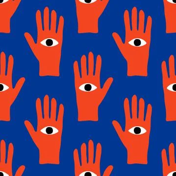 Trendy seamless pattern with hand drawn magic elements as hand with the eye 스톡 일러스트