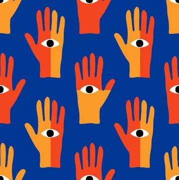 Trendy seamless pattern with hand drawn magic elements as hand with the eye Illustrazione stock