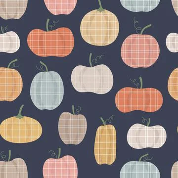Trendy seamless pattern with hand drawn pumpkins on blue background. Can use for Stock Illustration