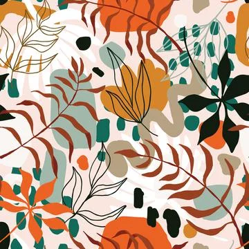 Trendy seamless pattern with interesting tropical leaves and plants Stock Illustration