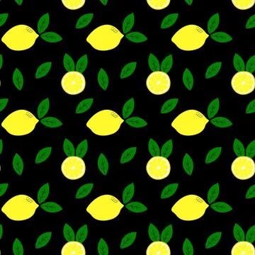 Trendy seamless pattern with lemons on a black background. Stylish fresh des Stock Illustration