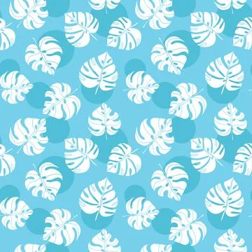 Trendy seamless pattern with monstera leaves on blue background with circles Stock Illustration