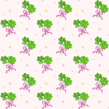Trendy Seamless Pattern St Patrick Four Leaf Clover with pink bow wallpaper.. Stock Illustration