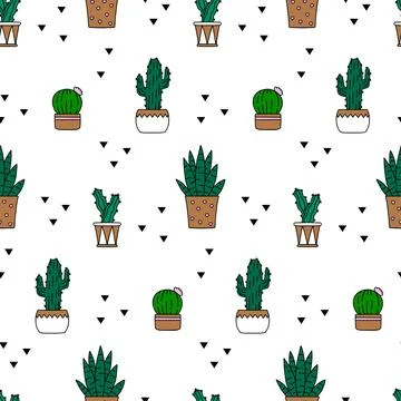 Trendy seamless pattern with succulents. Hand drawn cactus and sansevieria .. Stock-Illustration