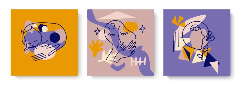 Trendy set of abstract cards. Vector illustration with elements of faces, cat Stock Illustration