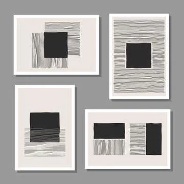Trendy set of abstract creative minimal artistic hand sketched compositions Stock Illustration