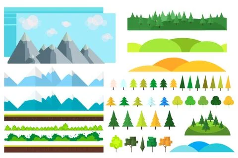 Trendy Set of different flat elements,trees, bushes , mountains and other 스톡 일러스트