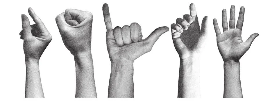 Trendy set of human hands gestures. Retro photocopy effect. Vector elements.. Stock Illustration