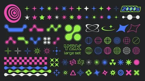 Trendy set of Y2k elements for graphic design. Geometric shapes, memphis graphic Stock Illustration