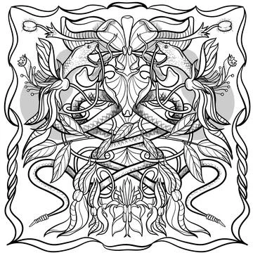 Trendy snake drawing in linear style with floral ornament. Stock Illustration