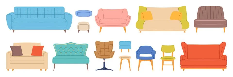 Trendy sofas, chairs and armchairs. Soft furniture for cozy room colorful Illustrazione stock