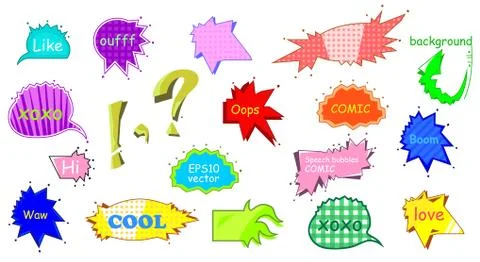 Trendy speech bubbles in retro style. Colorful set with short messages. Vector Stock Illustration