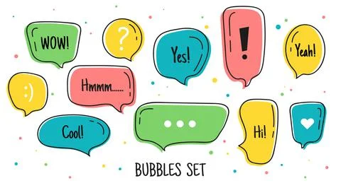 Trendy speech bubbles set in flat design with short messages.Colours doodle s Stock Illustration