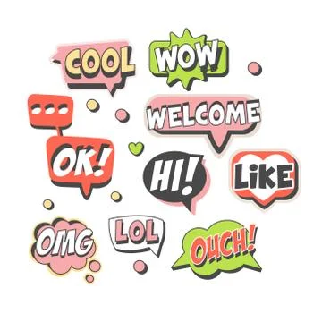 Trendy speech bubbles set for label design. Speech bubbles with short messages Stock Illustration