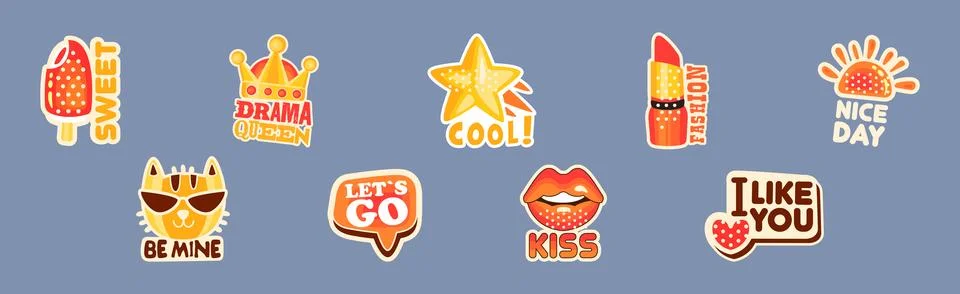 Trendy Sticker and Patch with Cool Inscription Vector Set Illustrazione stock