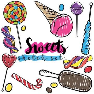 Trendy sweets vector sketch set. Hand drawn design elements Illustrazione stock