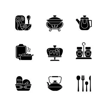 Trendy tableware black glyph icons set on white space Stock Illustration