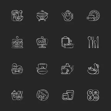 Trendy tableware chalk white icons set on dark background Stock Illustration