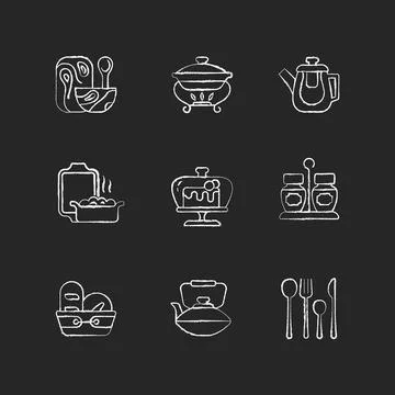 Trendy tableware chalk white icons set on dark background Stock Illustration