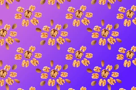 Trendy texture done with walnuts in violet and blue colors background Stock Photos