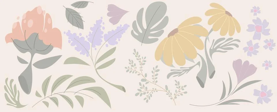 Trendy tropical botanical doodle elements Stock Illustration