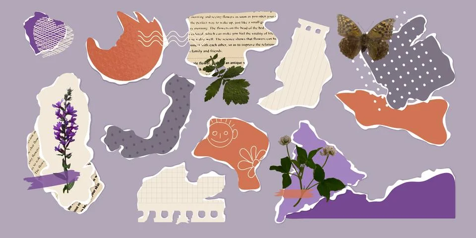 Trendy vector collage of a set of torn paper, old newspapers, flowers,retro Illustrazione stock