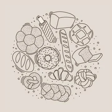 Trendy vector design for bakery or cafe.Illustrations of buns, bread,baguette Stock Illustration