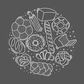 Trendy vector design for bakery or cafe.Illustrations of buns, bread,baguette Stock Illustration