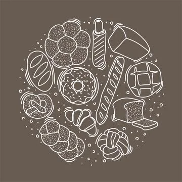 Trendy vector design for bakery or cafe.Illustrations of buns, bread,baguette Stock Illustration