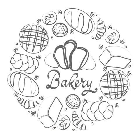Trendy vector design for bakery or cafe.Illustrations of buns, bread,baguette Stock Illustration