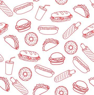 Trendy vector Fast Food pattern for cafe. 스톡 일러스트
