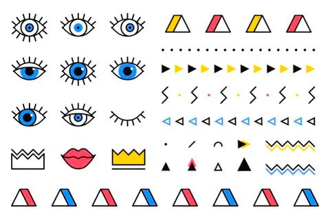 Trendy vector geometric shapes set in 80s style. Memphis graphic elements on Stock Illustration