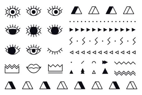 Trendy vector geometric shapes set in 80s style. Memphis graphic elements on Stock Illustration