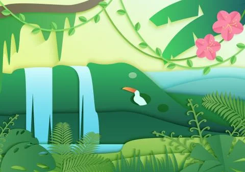 Trendy vector gradient color paper cuted style forest. Concept of tropical rain Stockillustratie