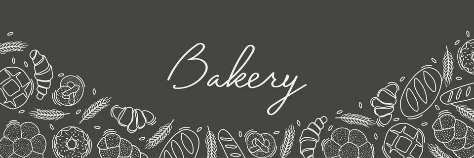 Trendy Vector horizontal background for bakery or cafe.Illustrations of buns Illustrazione stock