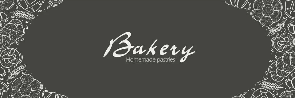 Trendy Vector horizontal background for bakery or cafe.Illustrations of buns Illustrazione stock