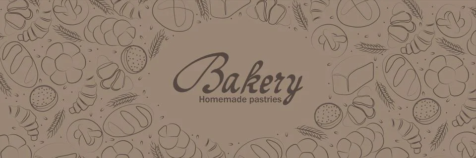 Trendy Vector horizontal background for bakery or cafe.Illustrations of buns Stock Illustration