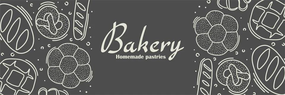 Trendy Vector horizontal background for bakery or cafe.Illustrations of buns Illustrazione stock