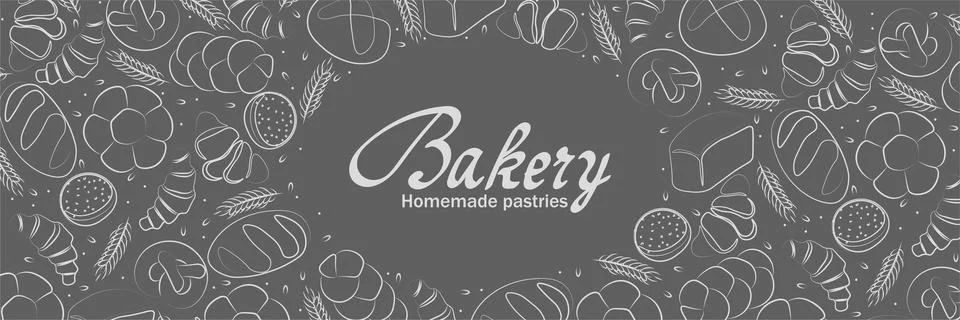 Trendy Vector horizontal background for bakery or cafe.Illustrations of buns Illustrazione stock