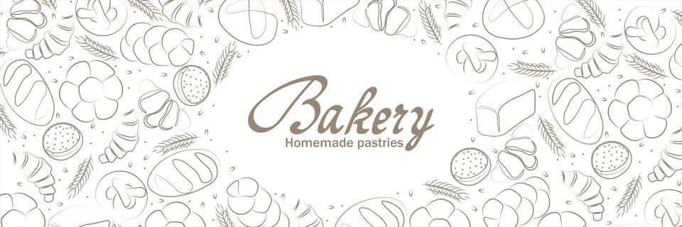 Trendy Vector horizontal background for bakery or cafe.Illustrations of buns Stock Illustration