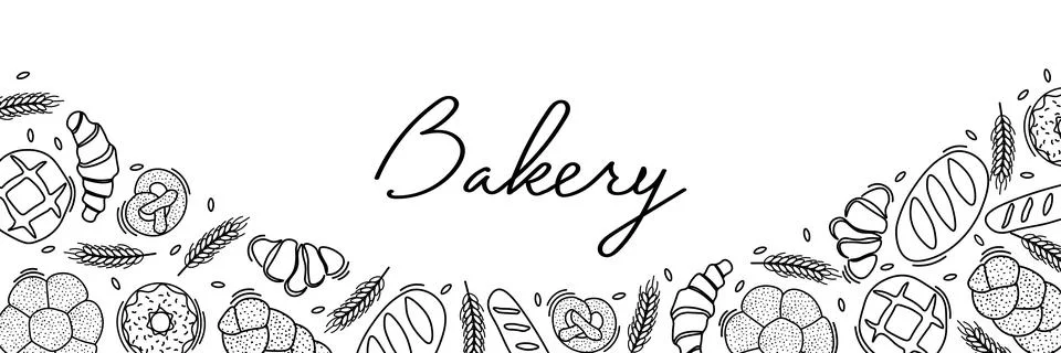 Trendy Vector horizontal background for bakery or cafe.Illustrations of buns Stock Illustration